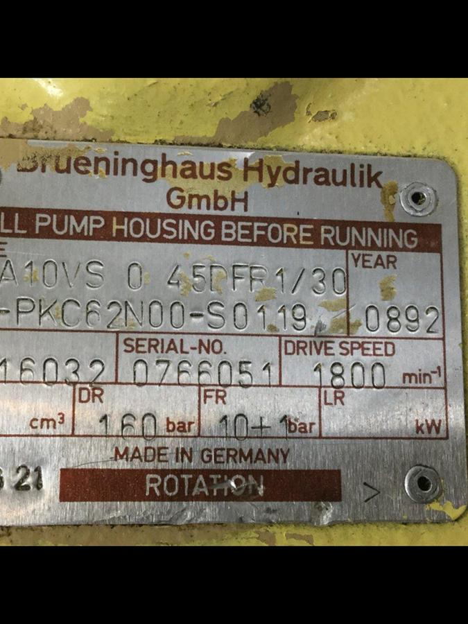 Used BRUENINGHAUS HYDROMATIK Hydraulic Pump AA10VS 0 45DFR1/30R-PKC62N00-S0119 Used