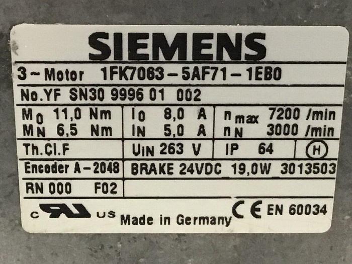 Used SIEMENS Servo Motor 1FK7063-5AF71-1EB0 Used