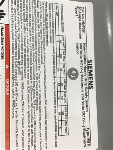 Used SIEMENS 30 Amp Safety Disconnect Switch HNF361 VBII #137851