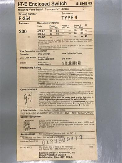 Used SIEMENS Safety Disconnect Switch F-354 #128633