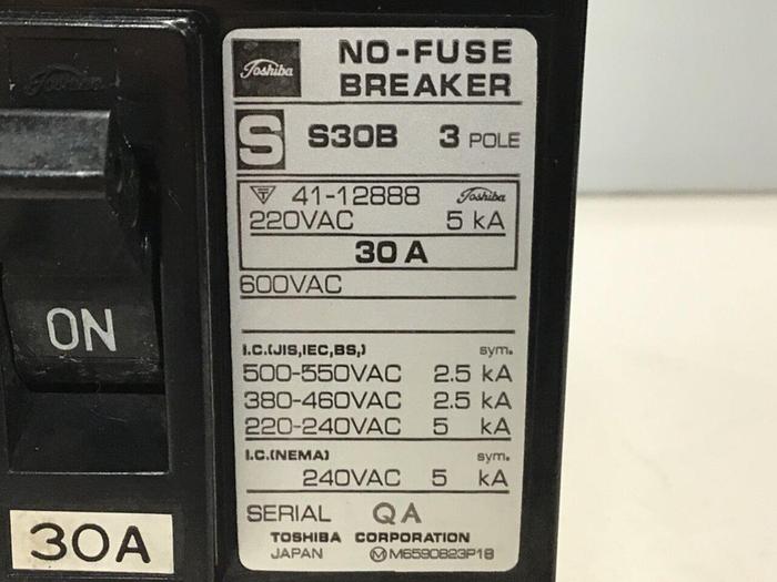 Used TOSHIBA 30 Amp Circuit Breaker S30B-3P-30A #119764