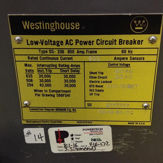 Used WESTINGHOUSE Low Voltage AC Power Circuit Breaker DS-206 #78917