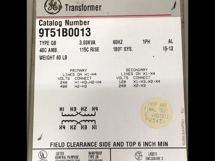 Used GENERAL ELECTRIC 3.00 kVA Transformer 9T51B0013 Used