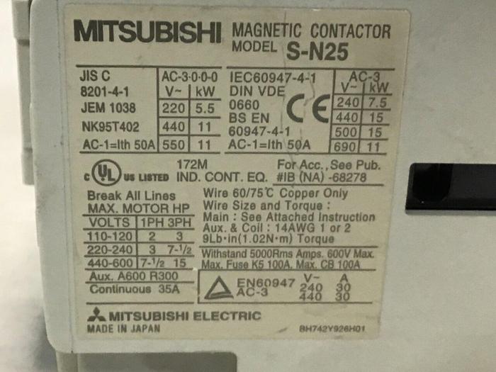 Used MITSUBISHI Magnetic Contactor S-N25 #123997