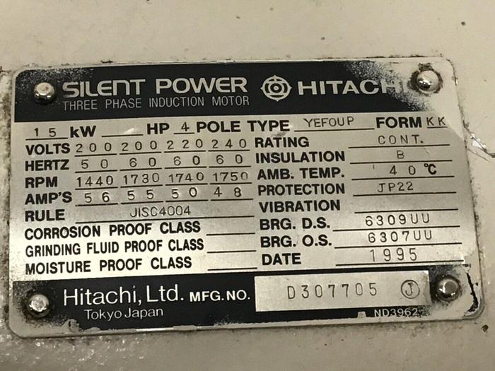 Used HITACHI 20 HP Induction Motor YEFOUP JIS C 4004 Used