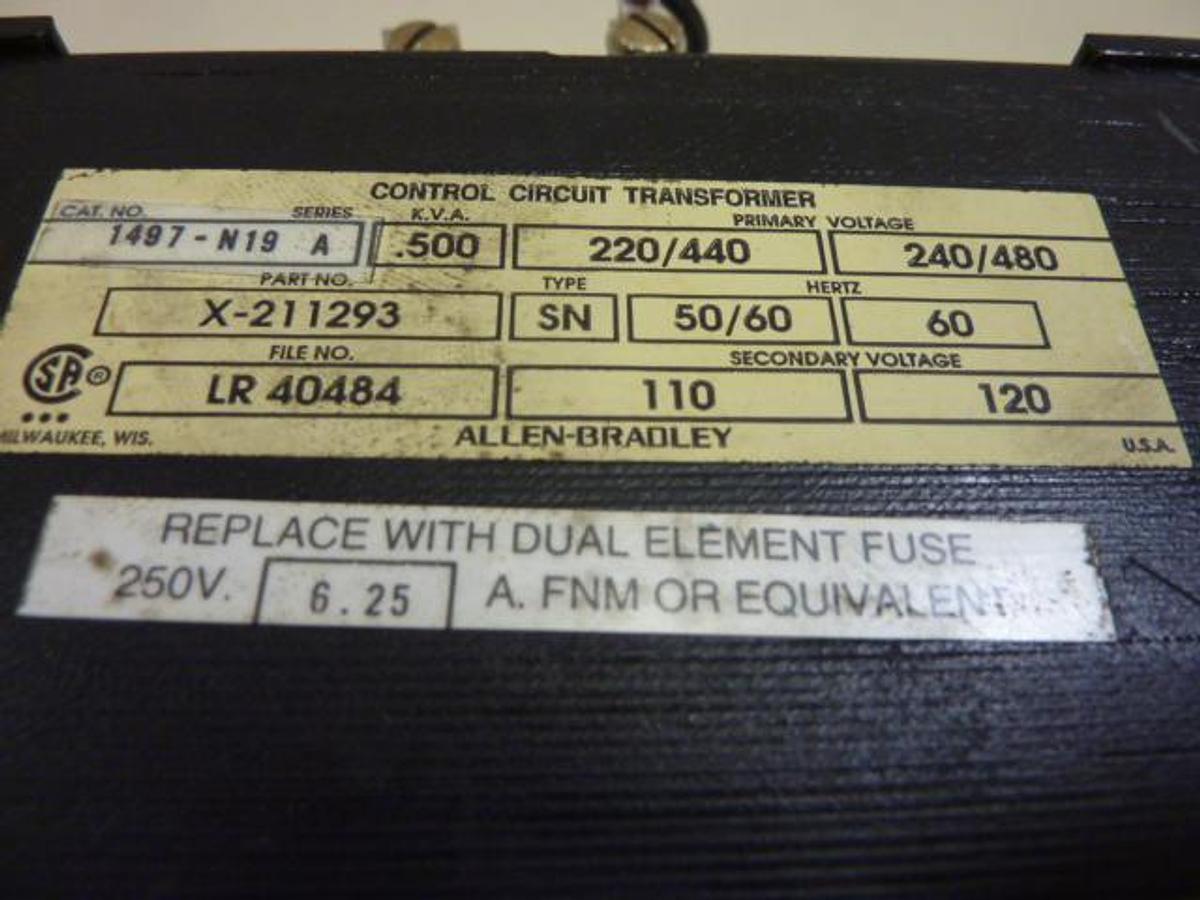Used ALLEN BRADLEY .500 kVA Transformer 1497-N19 SER A