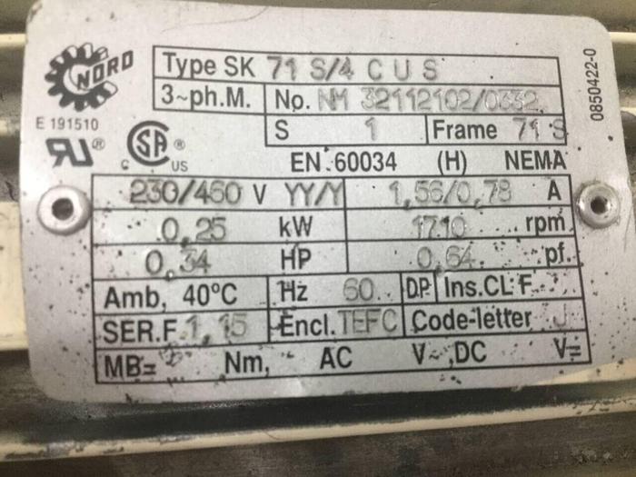 Used NORD 0.34 HP Motor SK71S/4CUS #91726