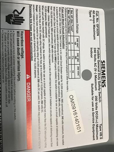 Used SIEMENS General Duty Safety Disconnect Switch GF322N VBII #137857