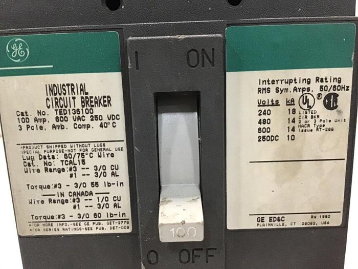 Used GENERAL ELECTRIC / GE 100 Amp Circuit Breaker TED136100 #130902