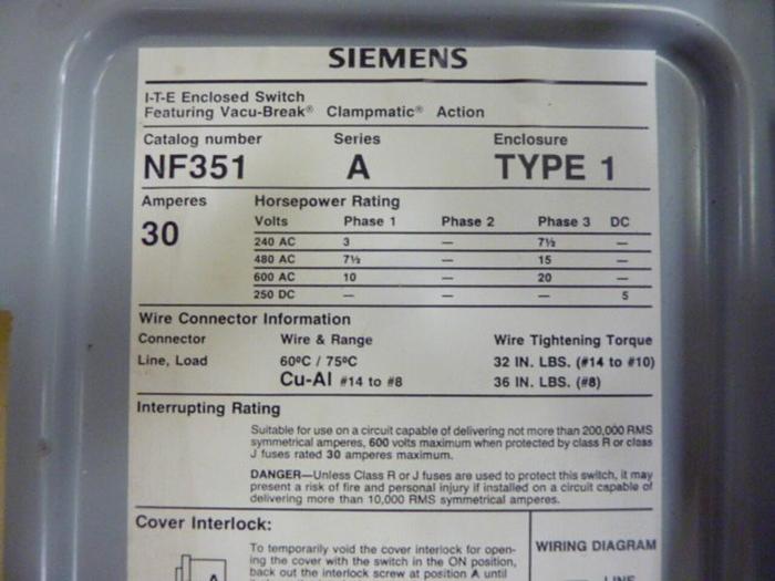 Used SIEMENS I-T-E Enclosed Disconnect Switch NF351 #67361