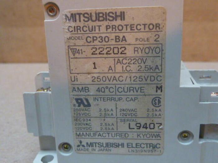Used MITSUBISHI 1 Amp Circuit Breaker CP30-BA-2P-1A #37291