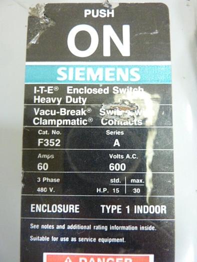 Used SIEMENS 60 Amp Safety Disconnect Switch F352 #66985