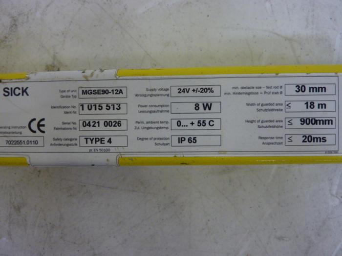 Used SICK OPTIC ELECTRONIC Light Curtain Receiver MGSE90-12A #50942