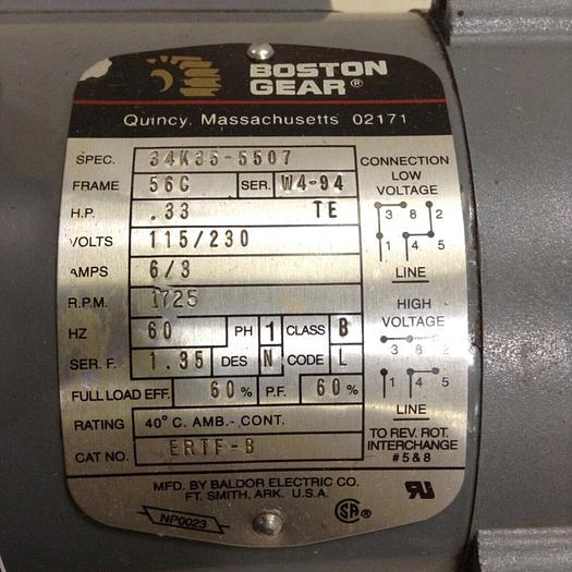 Used BOSTON GEAR .33 HP GEARMOTOR ERTF-B USED