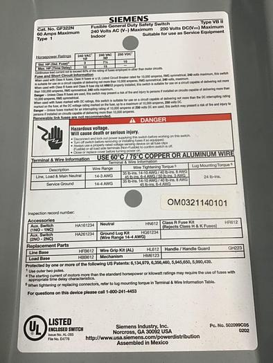 Used SIEMENS General Duty Safety Disconnect Switch GF322N VBII #137860