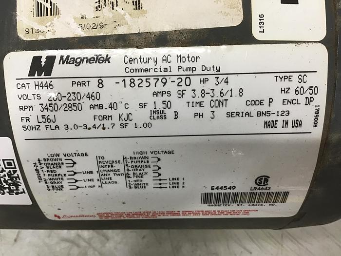 Used MAGNETEK 3/4 HP Century AC Motor H446 Used #142858