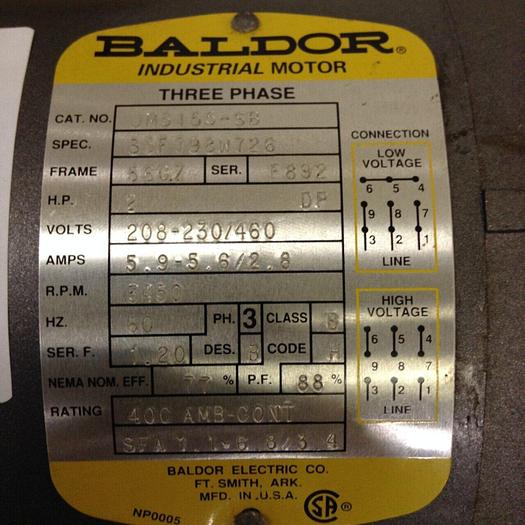 Used BALDOR 2 HP Motor JM3155-SB Used
