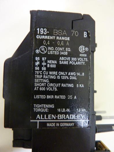 Used ALLEN BRADLEY Overload Relay 193-BSA70 SER B #51210