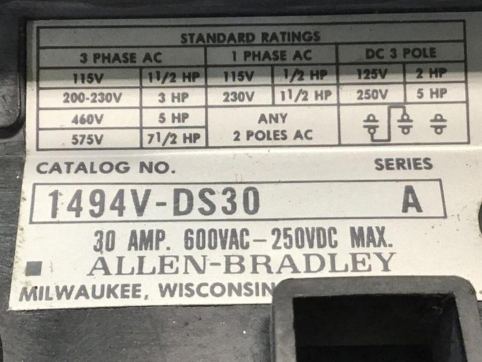 Used ALLEN BRADLEY 30 Amp Disconnect Switch 1494V-DS30 SER A #139705