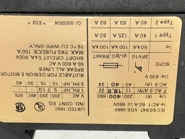 Used SIEMENS Power Contactor 3RT1035-1AK60 #123142