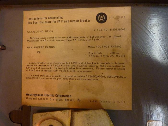 Used WESTINGHOUSE 100 Amp Bus Disconnect Switch 373D128G02 #24410