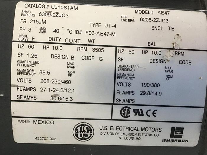 Used US ELECTRICAL MOTORS 10 HP Motor AE47 Used