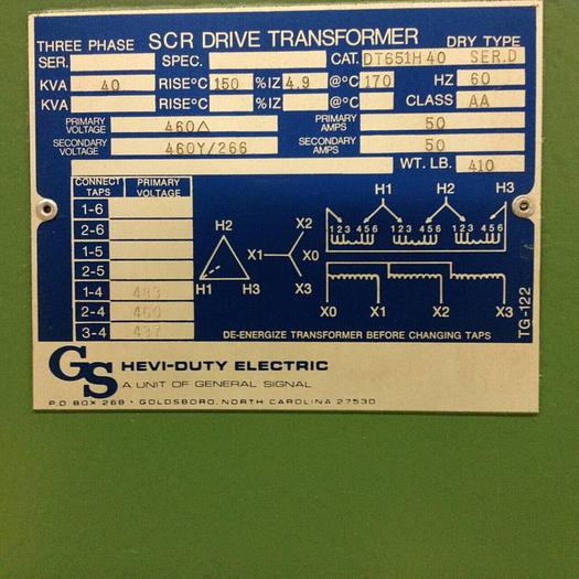 Used GENERAL SIGNAL 40 kVA SCR Drive Transformer DT651H40 Used