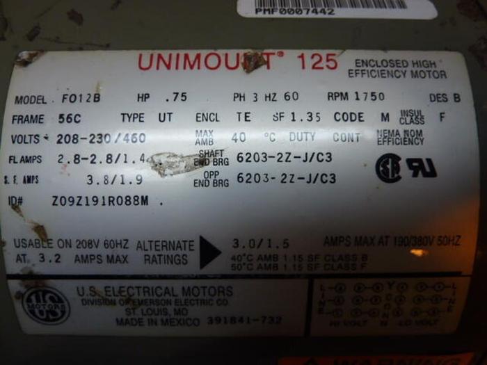 Used US ELECTRICAL MOTORS .75 HP High Efficiency Motor F012B #33769