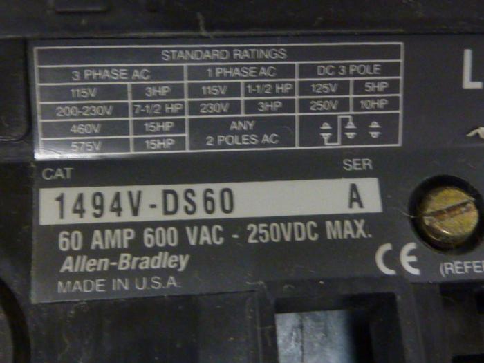 Used ALLEN BRADLEY 60 Amp Disconnect Switch 1494V-DS60 SER A #57452