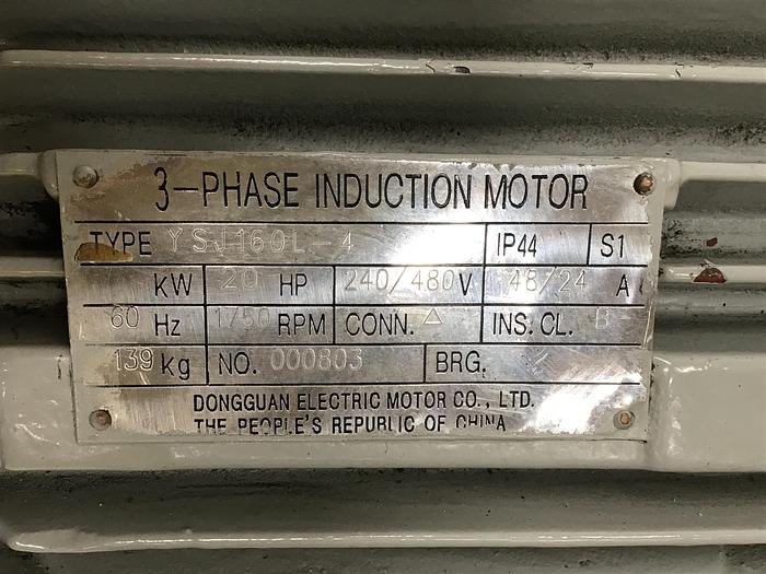 Used DONGGUAN ELECTRIC  20 HP Induction Motor YSJ160L-4 Used #143002