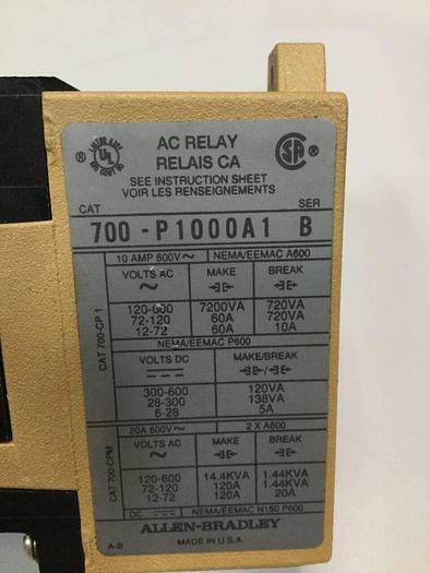 Used ALLEN BRADLEY AC Relay 700-P1000A1 SER B #92931