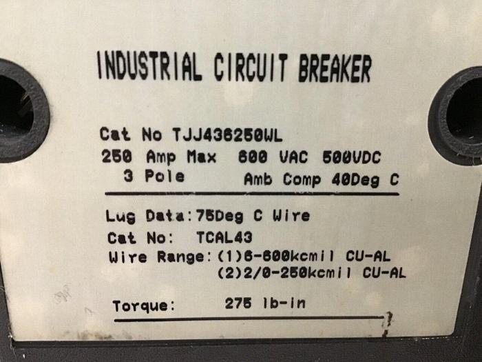 Used GENERAL ELECTRIC / GE 250 Amp Circuit Breaker TJJ436250WL #133573
