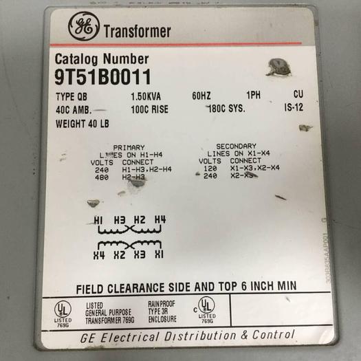 Used GENERAL ELECTRIC / GE 1.50 kVA Transformer 9T51B0011 #91174