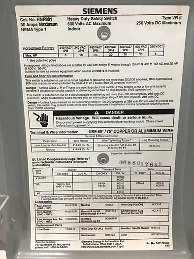 Used SIEMENS 30 Amp Safety Disconnect Switch HNF361 VBII #130010
