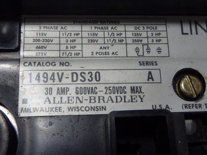 Used ALLEN BRADLEY 30 Amp Disconnect Switch 1494V-DS30 SER A #57421