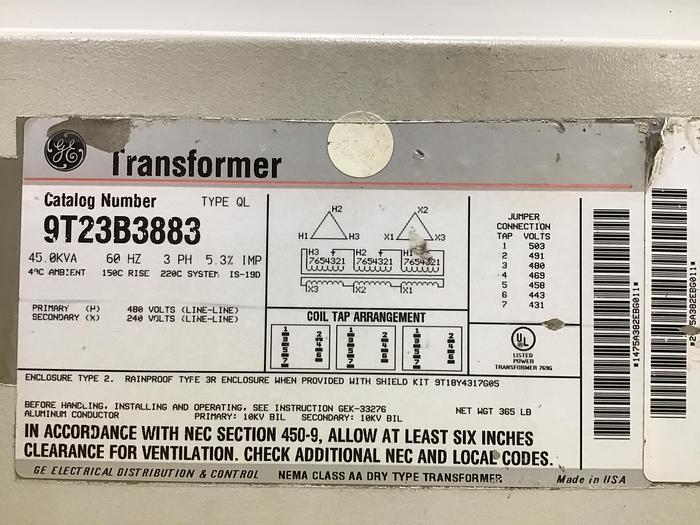 Used GE Transformer 9T23B3883 Used #145634
