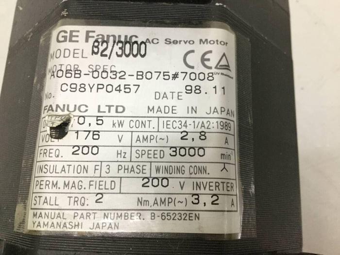 Used GE FANUC Servo Motor w/ Gear Reducer A06B-0032-B075 Used