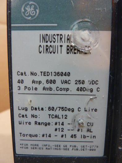 Used GENERAL ELECTRIC / GE 40 Amp Industrial Circuit Breaker TED136040 #33578