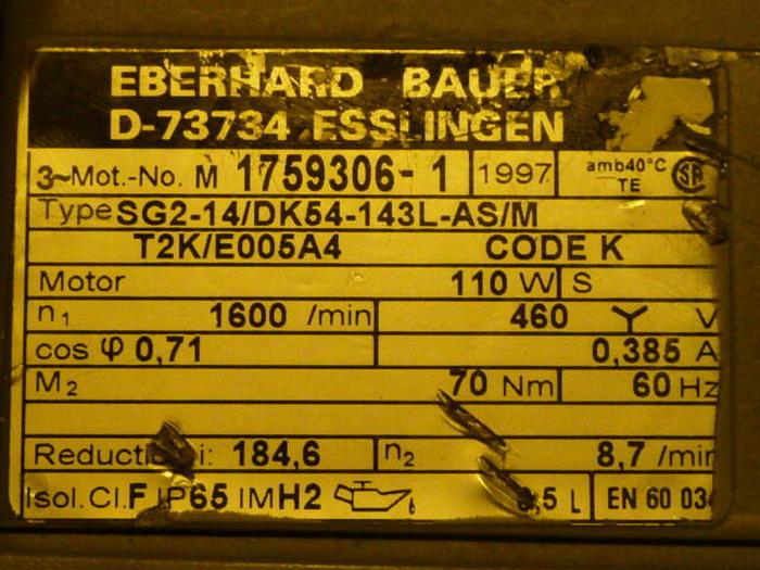 Used BAUER 1/8 HP Motor SG2-14/DK54-143L-AS/M #32046