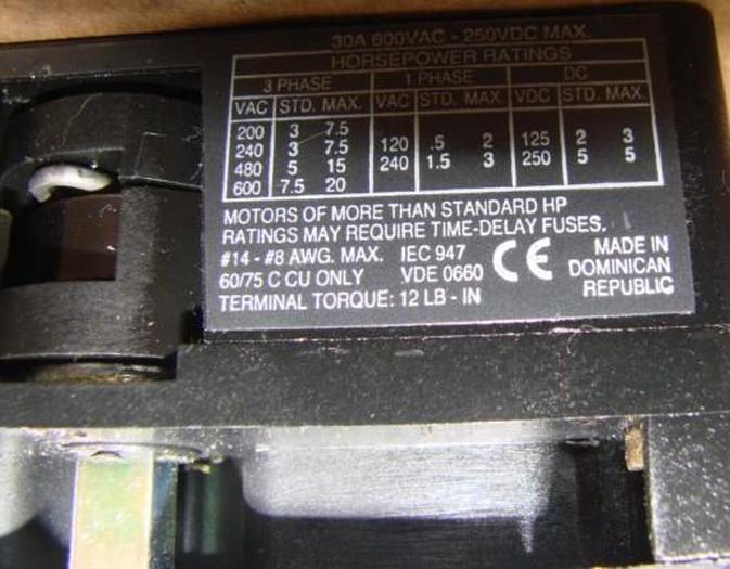 Used ALLEN BRADLEY 30 Amp Disconnect Switch 194R-NJ030P3 SER B #21262