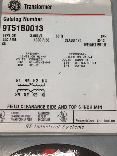 Used GENERAL ELECTRIC 3.00 kVA Transformer 9T51B0013 #102973