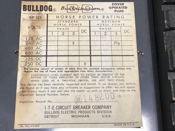 Used ITE 30 Amp Bus Plug Bulldog BP321 #120378