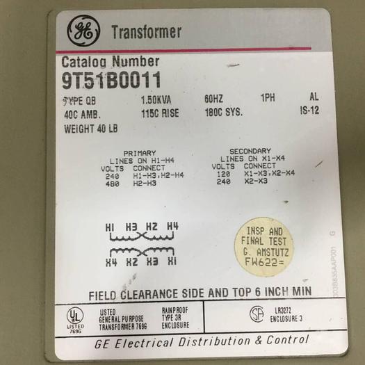 Used GENERAL ELECTRIC / GE 1.50 kVA Transformer 9T51B0011 #91177
