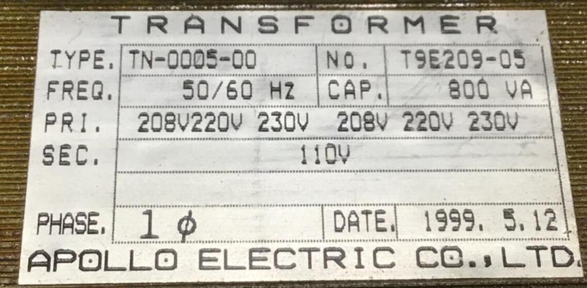 Used APOLLO 800 VA Transformer T9E209-05 USED