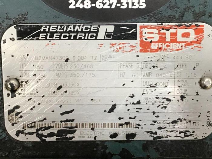 Used RELIANCE ELECTRIC 150 HP Motor 02MAN47309 G001 TZ Used
