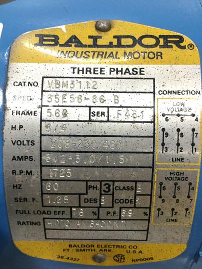 Used BALDOR .75 HP Motor VBM3112 Used