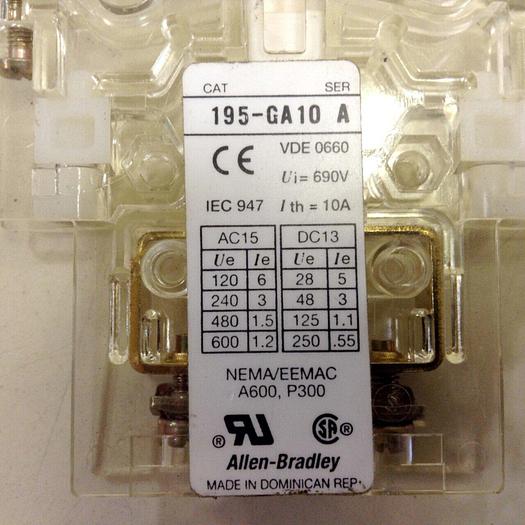 Used ALLEN BRADLEY Auxiliary Contact 195-GA10 SER A #76125