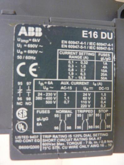 Used ABB Overload Relay E16 DU #59976