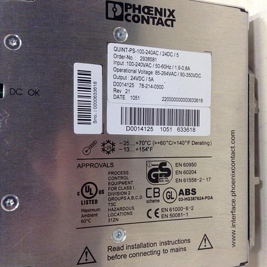 Used PHOENIX CONTACT Power Supply QUINT-PS-100-240VAC/24DC/5 Used