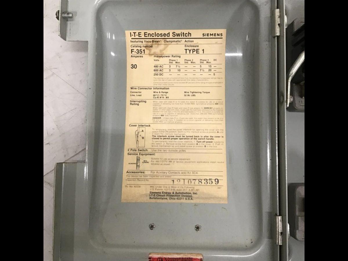 Used SIEMENS 30 Amp ITE Heavy Duty Vacu-Break F-351 USED